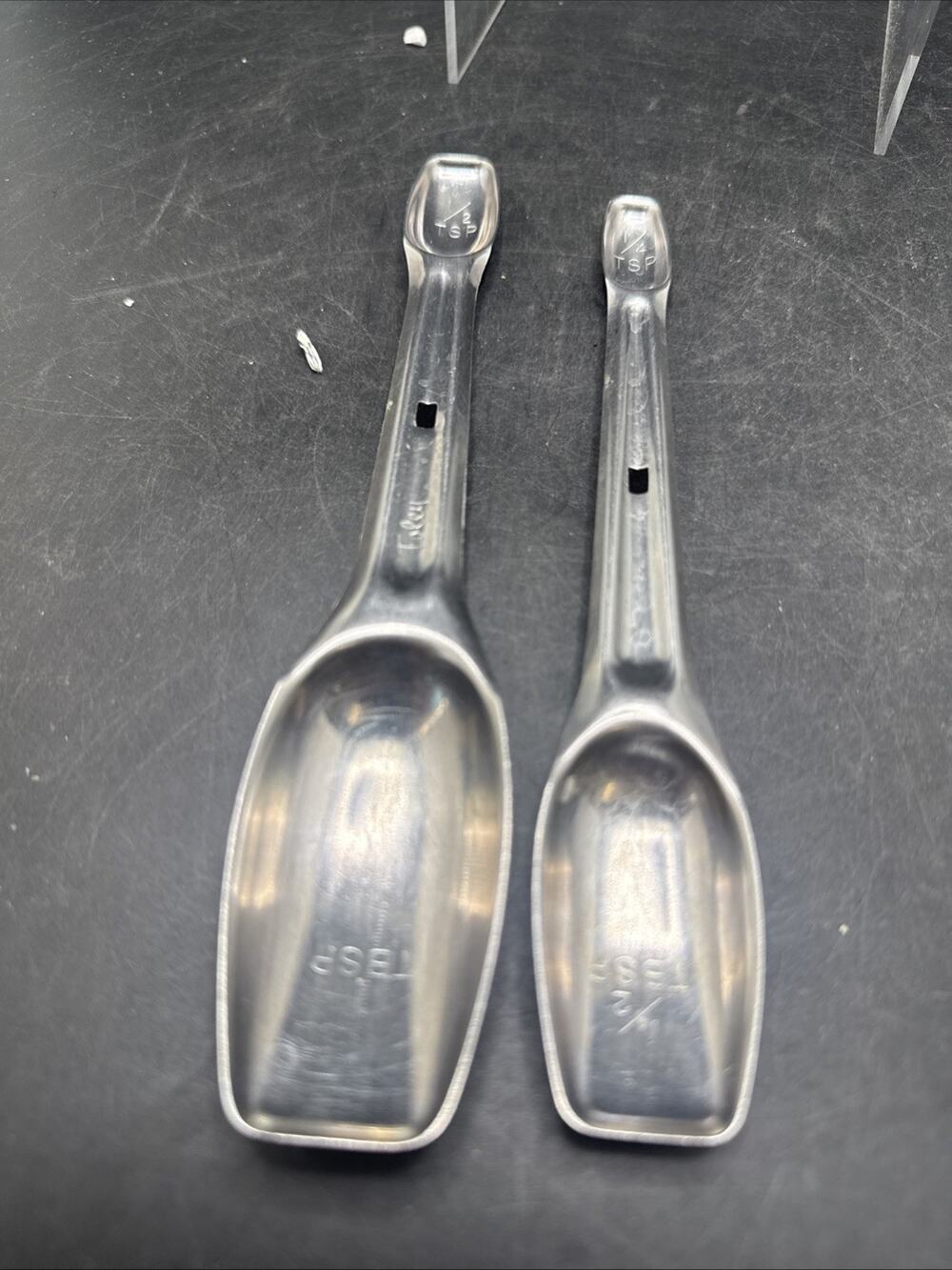 2 Vtg Foley Stainless Steel Nesting Measuring Spoons Double Ended 7.5”
